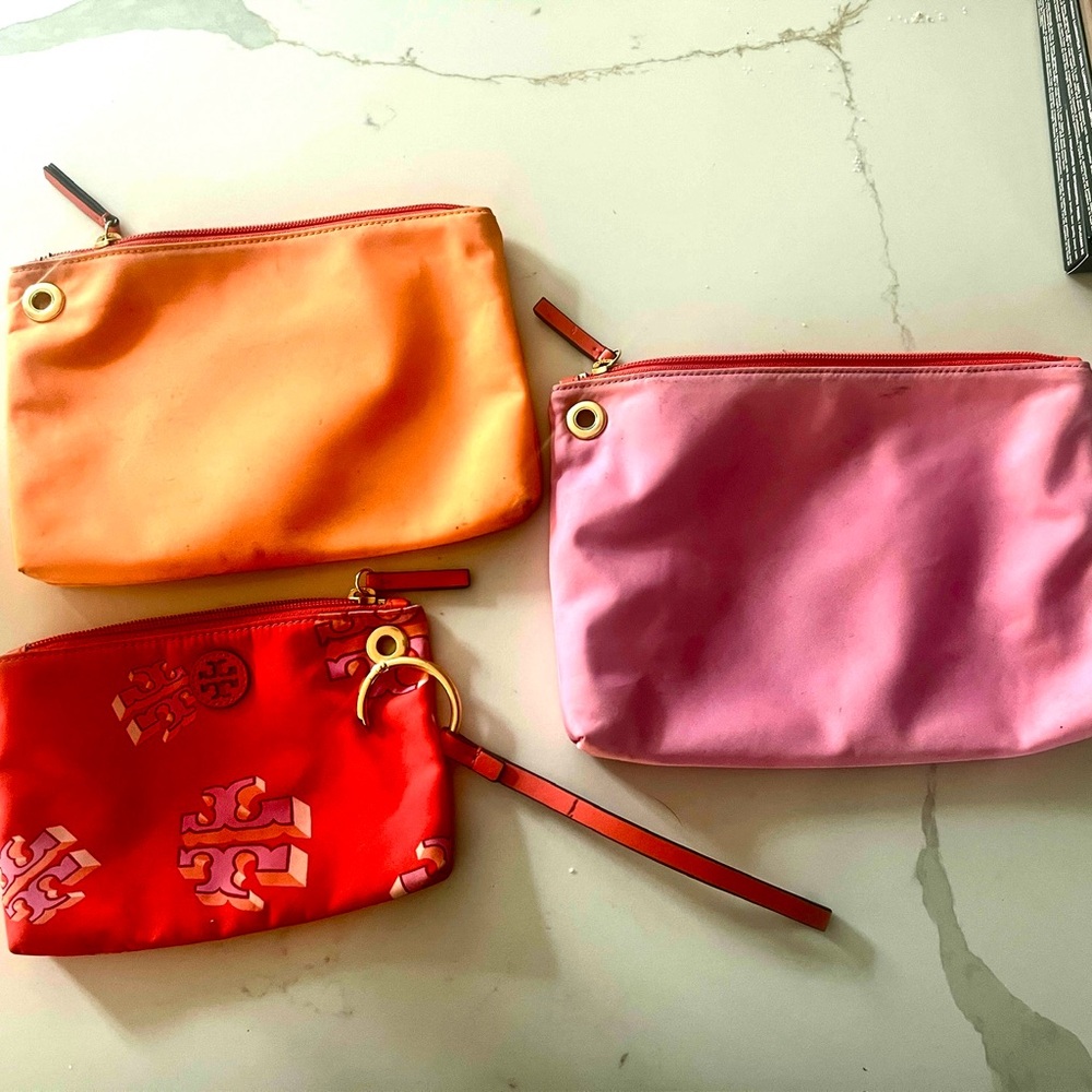 Tory Burch Orange Cosmetic Bag with Silver Zipper and Pink Tab